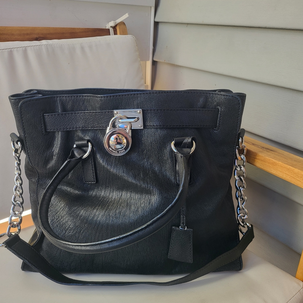 Michael Kors Black Hamilton Leather Tote with Silver Accents 15x12 With Lock And